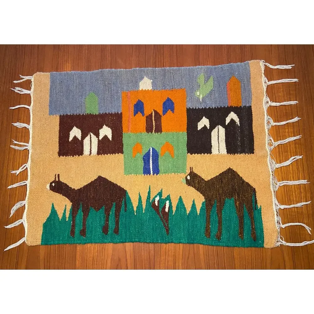 Egyptian Woven Tapestry Rug Wall Hanging Camels Village Folk Art Souvenir